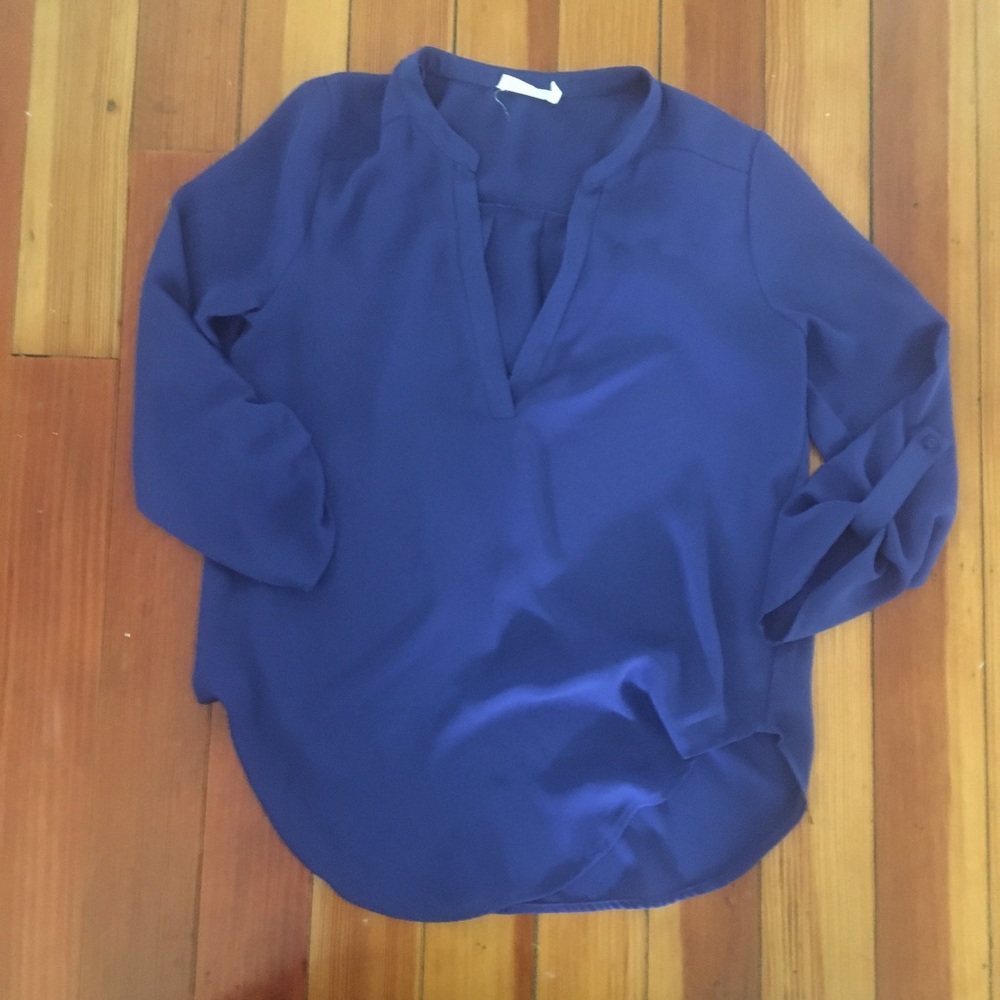 Lush Blue Split Neck Roll Sleeve Tunic Blouse